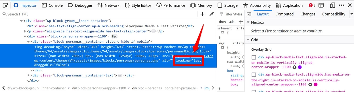Lazy loading attribute in browser developer tools